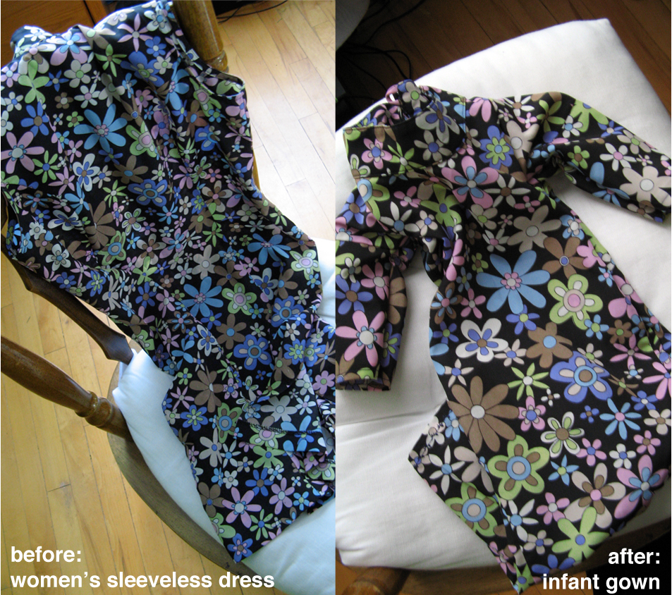 Before and After photos of a women's dress upcycled into an infant sleep sack/baby gown - vintage daisies 60's