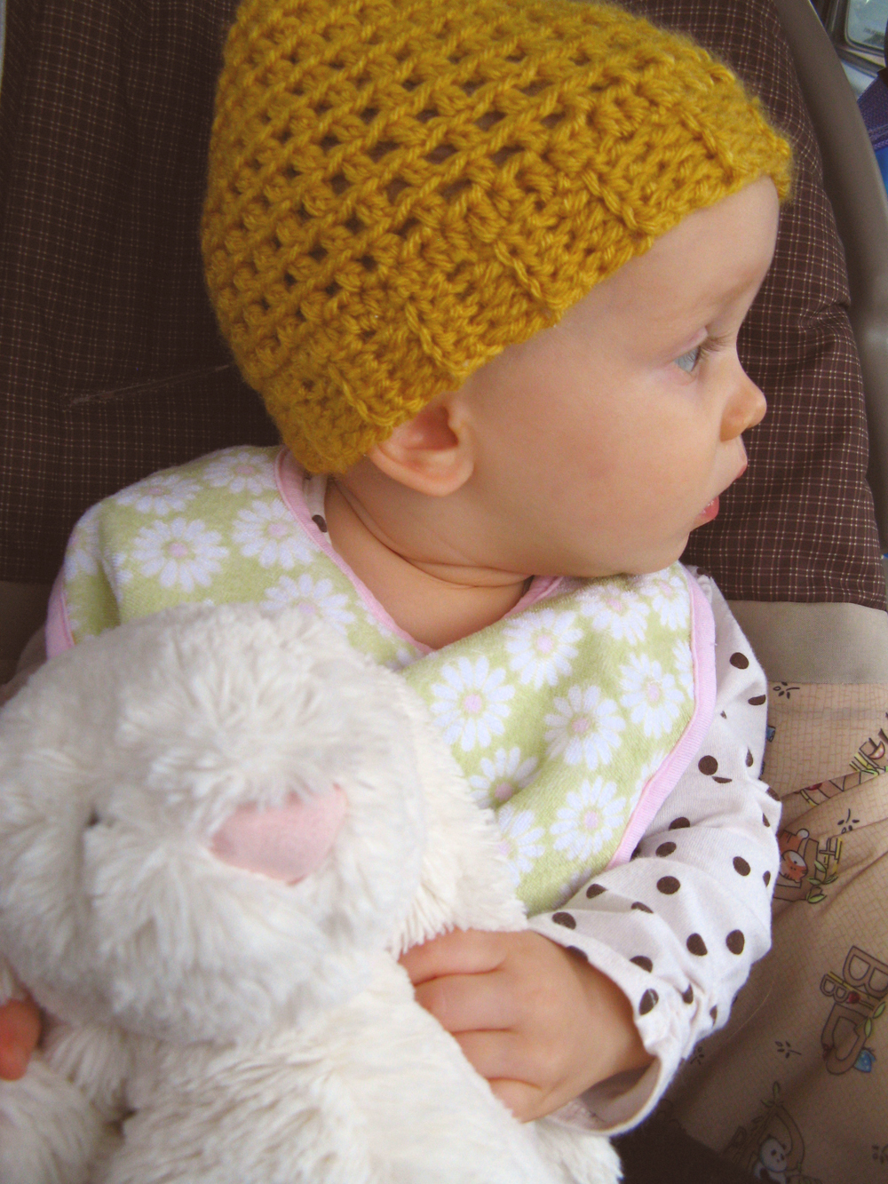 Aveline profile - with mustard yellow handmade hat and jellycat bunny