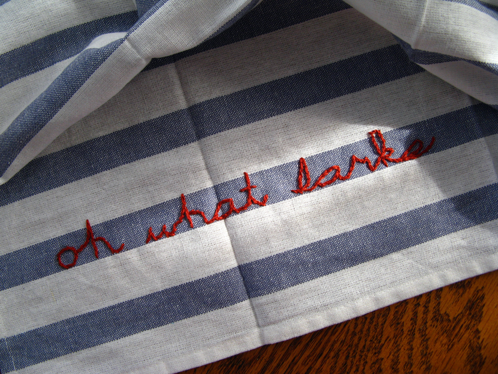 Joe Gargery Quote from Great Expectations -What Larks- Embroidered onto Striped Linen Kitchen Towels via Oaxacaborn