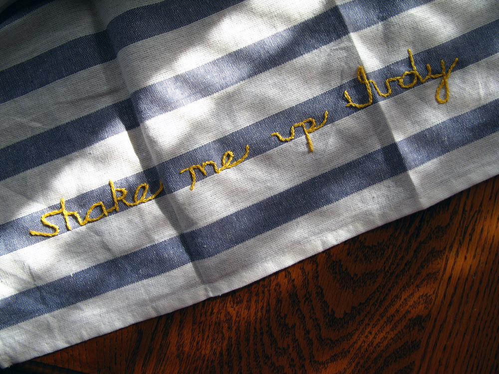Smallweed Quote from Bleak House -Shake me up, Judy- Embroidered onto Striped Linen Kitchen Towels via Oaxacaborn